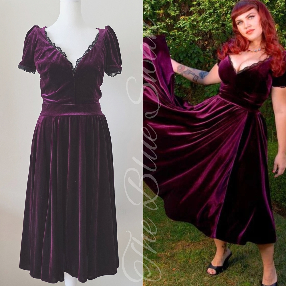 EUC Pinup Couture Lilith Velvet Plum Midi Dress S